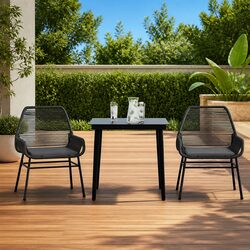 Garden Dining Set 3 Piece Outdoor Furniture with Cushions Black Rattan Glass