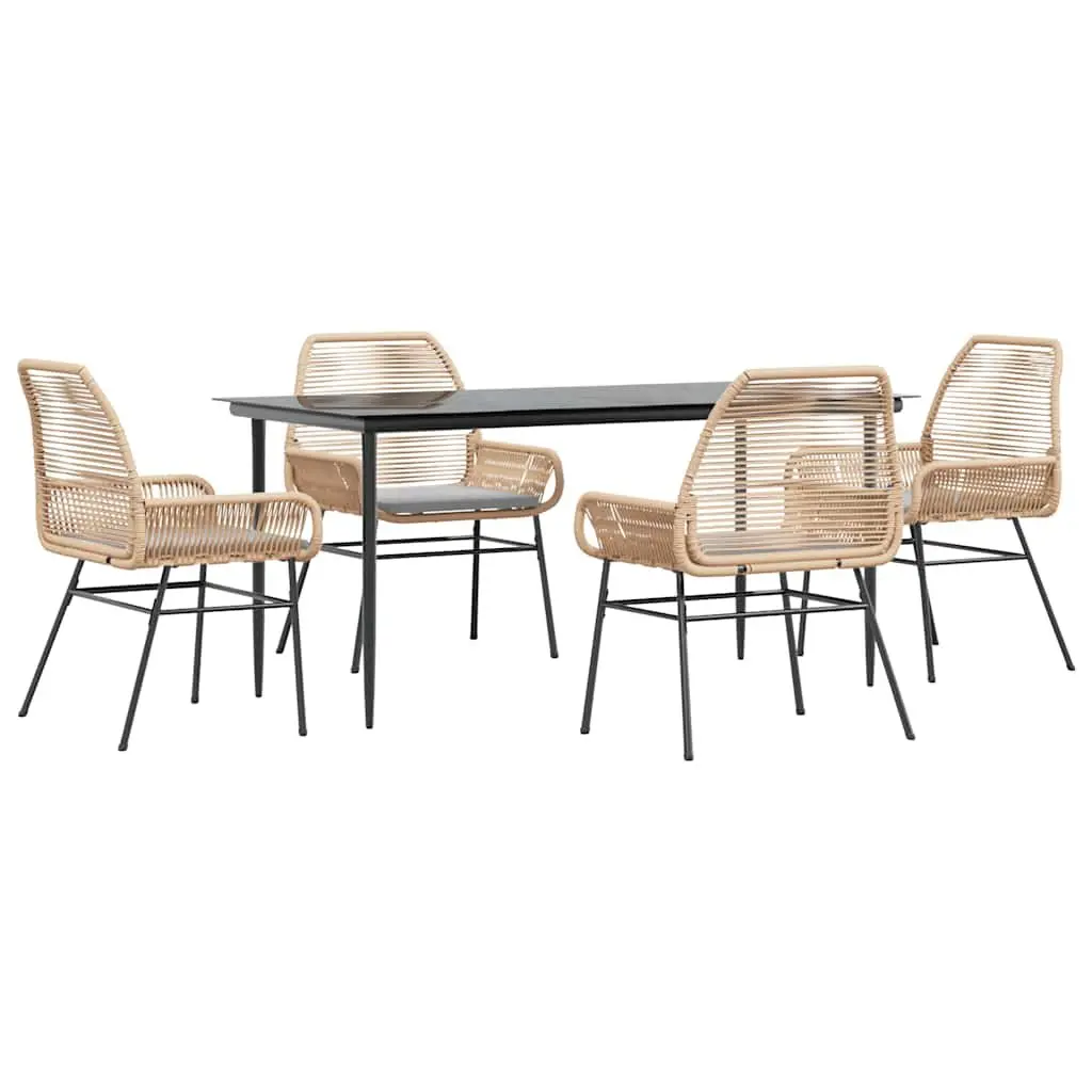 5 Piece Outdoor Dining Set Brown Poly Rattan Tempered Glass Table with Chairs