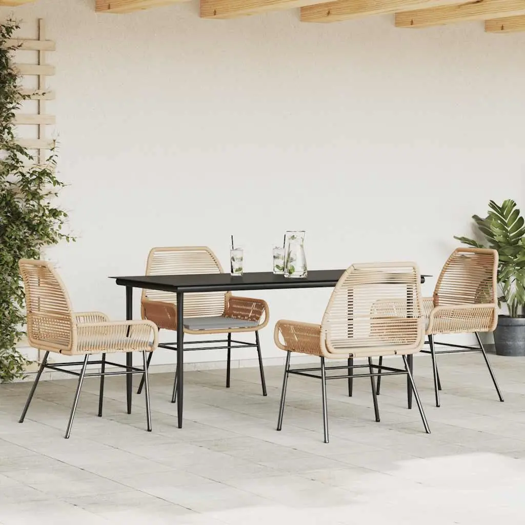 5 Piece Outdoor Dining Set Brown Poly Rattan Tempered Glass Table with Chairs