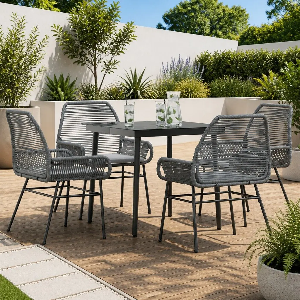 Garden Dining Set Grey Poly Rattan 5 Piece Outdoor Furniture Table Chairs