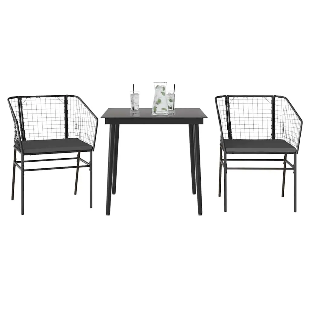 Garden Dining Set Black Poly Rattan 3 Piece Outdoor Furniture with Glass Table and Chairs