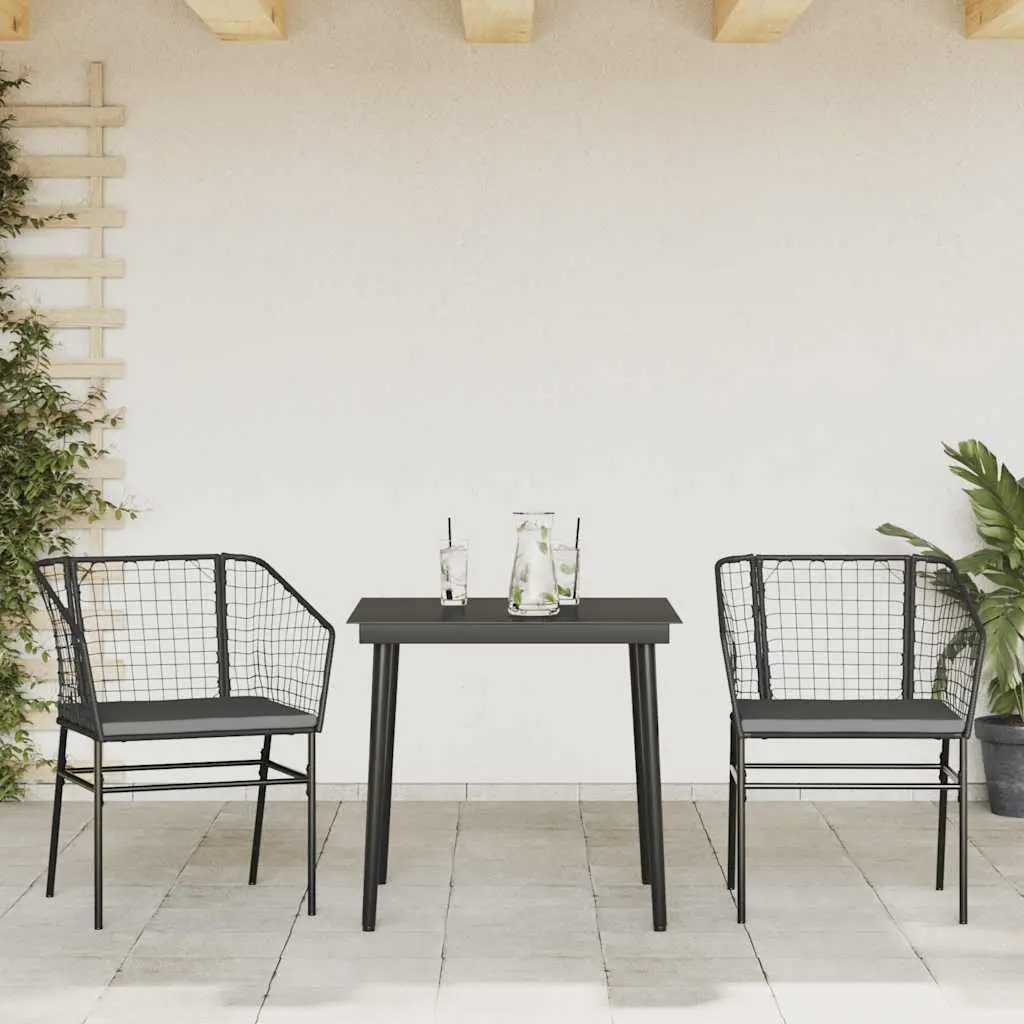Garden Dining Set Black Poly Rattan 3 Piece Outdoor Furniture with Glass Table and Chairs