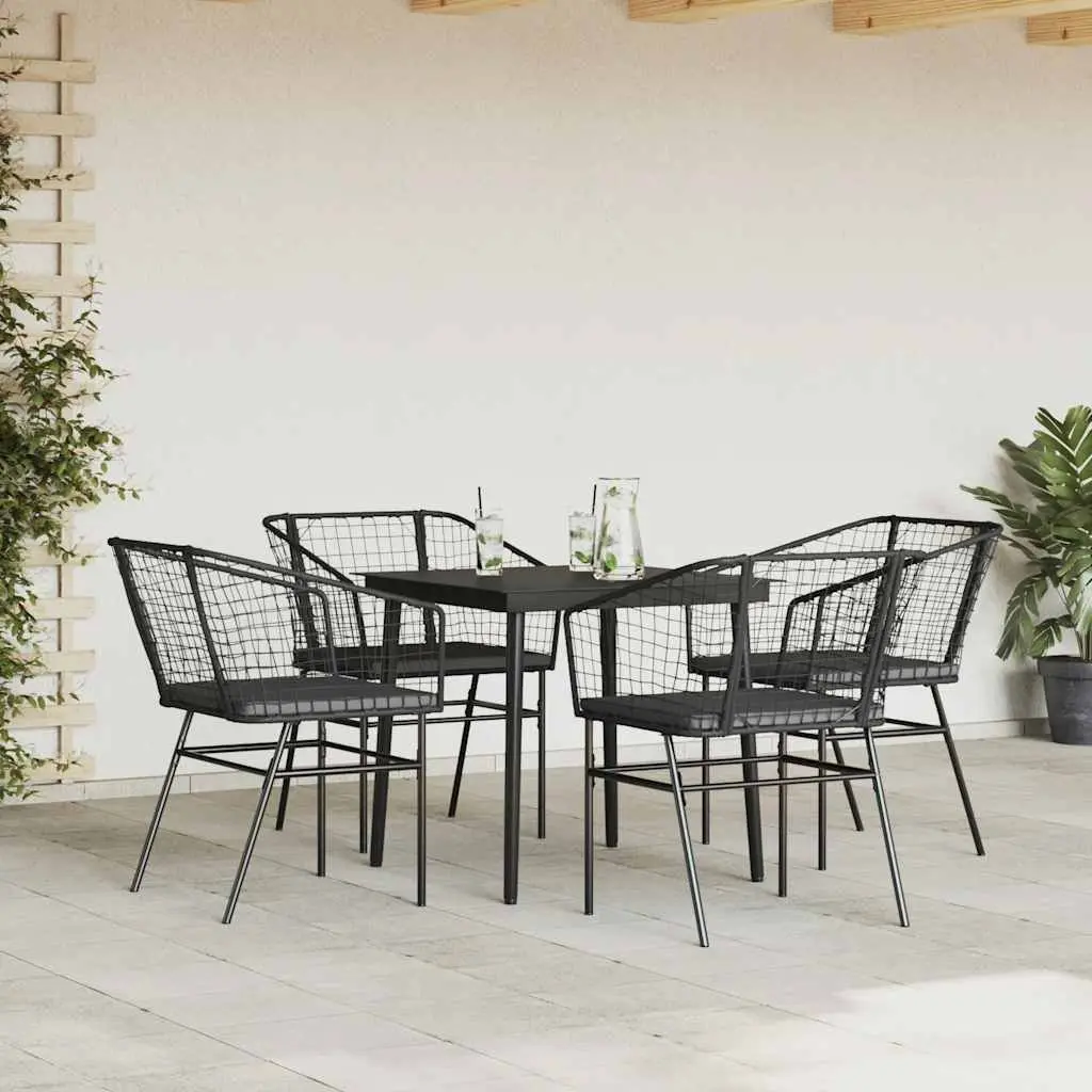 5 Piece Garden Dining Set Black Poly Rattan Glass Table