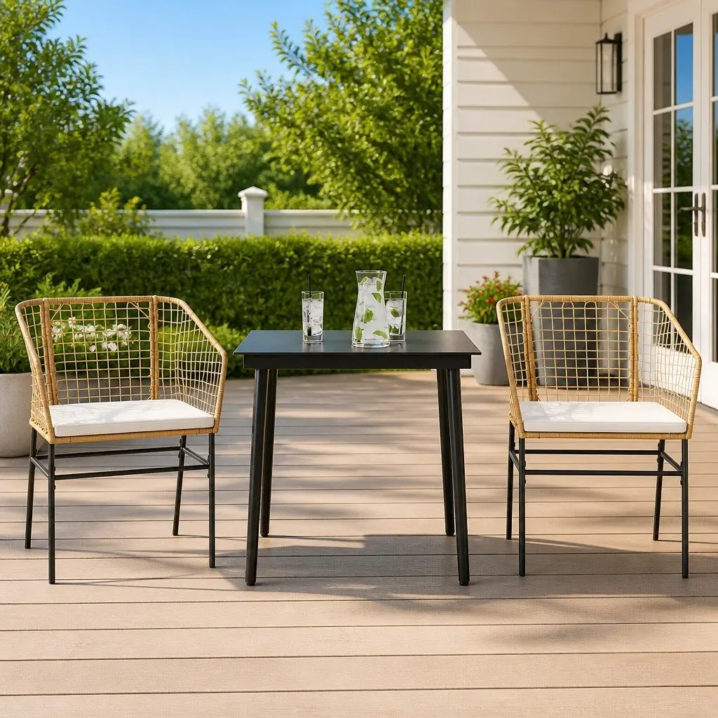 Garden Dining Set Brown Poly Rattan 3 Piece Patio Furniture with Glass Table