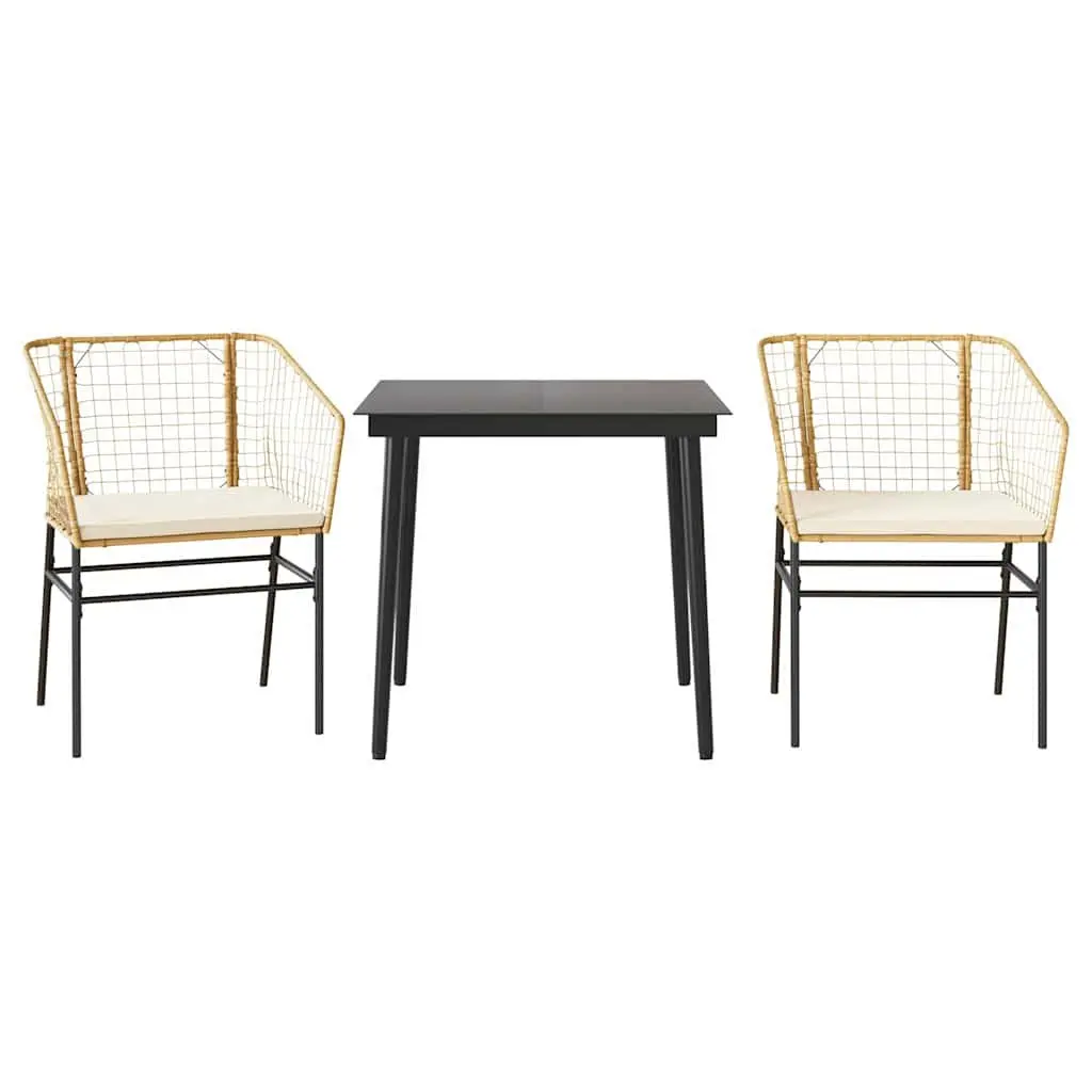 Garden Dining Set Brown Poly Rattan 3 Piece Patio Furniture with Glass Table