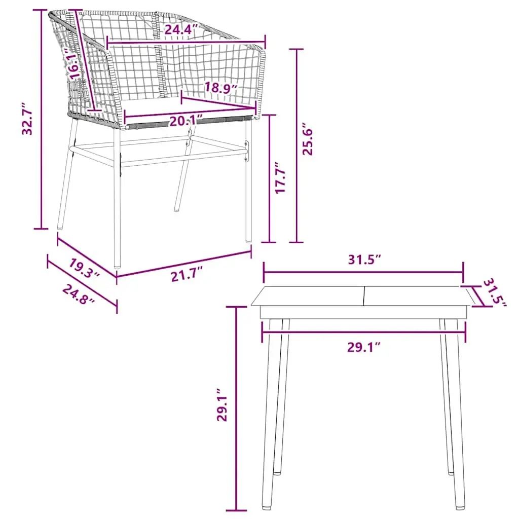 Garden Dining Set Brown Poly Rattan 3 Piece Patio Furniture with Glass Table