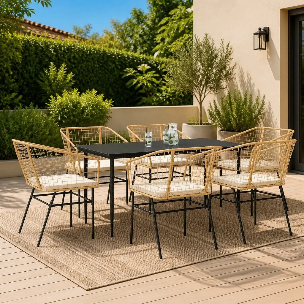 7 Piece Outdoor Dining Set Weather Resistant Brown Poly Rattan Furniture with Tempered Glass Top and Cushioned Chairs