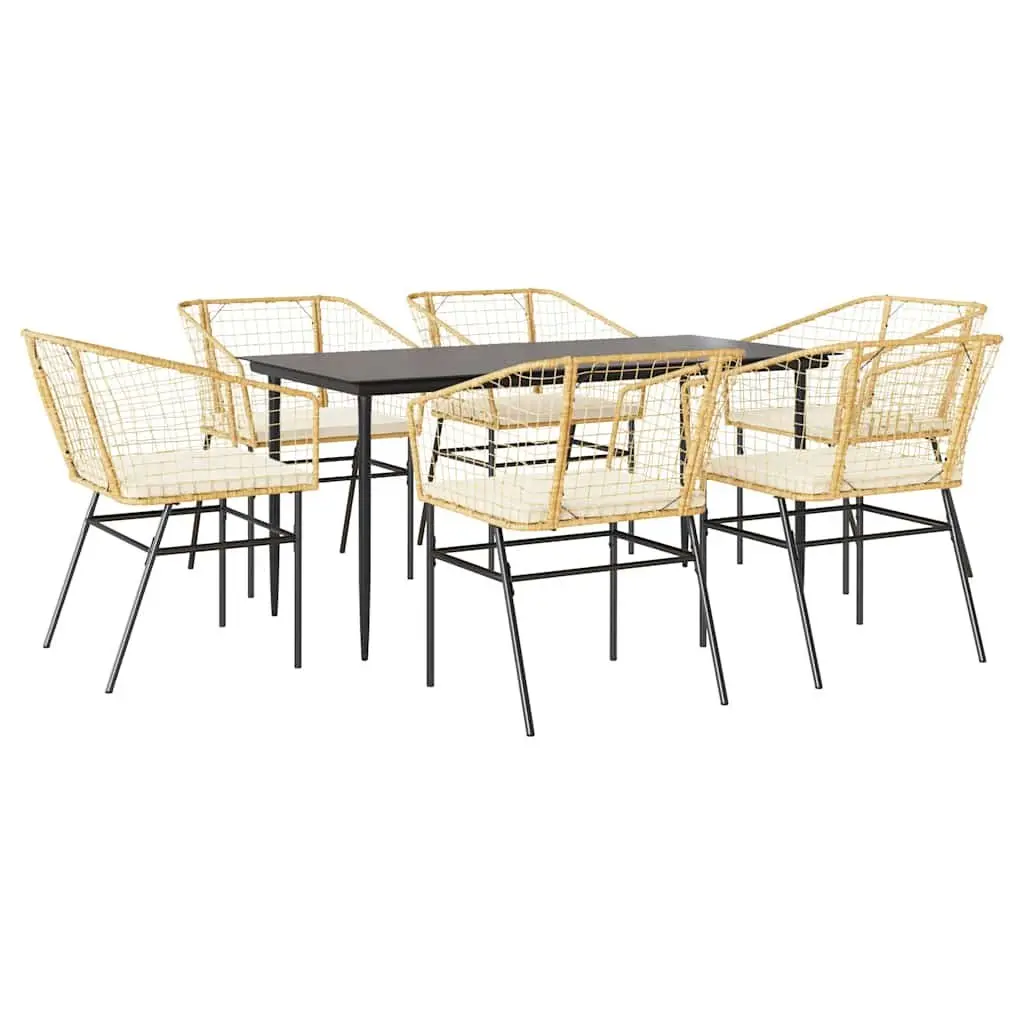 7 Piece Outdoor Dining Set Weather Resistant Brown Poly Rattan Furniture with Tempered Glass Top and Cushioned Chairs