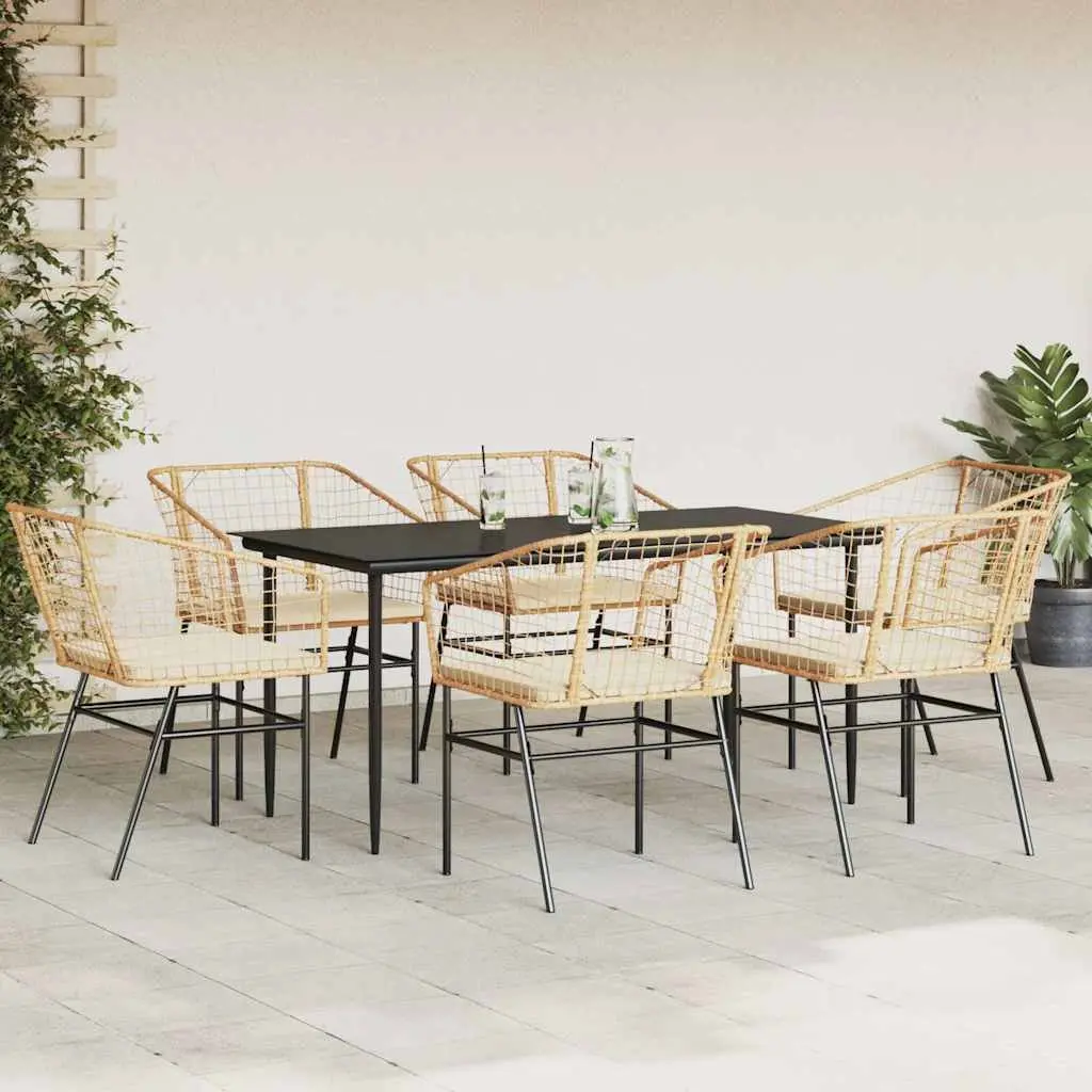 7 Piece Outdoor Dining Set Weather Resistant Brown Poly Rattan Furniture with Tempered Glass Top and Cushioned Chairs