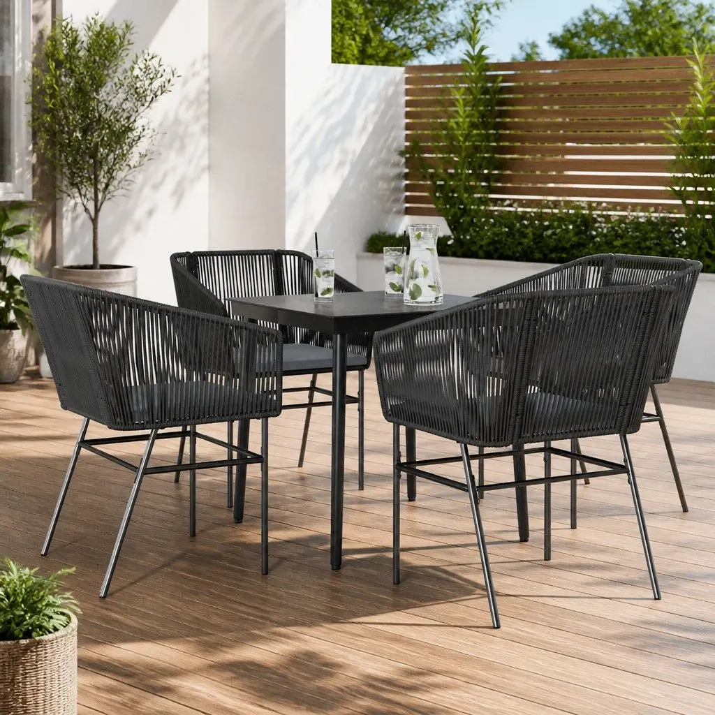 Outdoor Furniture Set 5 Piece Black Poly Rattan Dining Chairs with Glass Table and Cushions