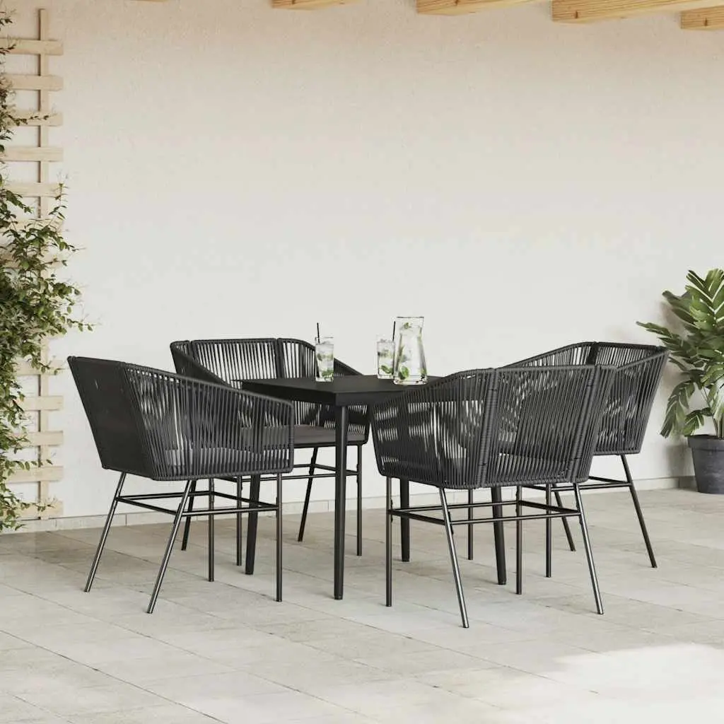 Outdoor Furniture Set 5 Piece Black Poly Rattan Dining Chairs with Glass Table and Cushions
