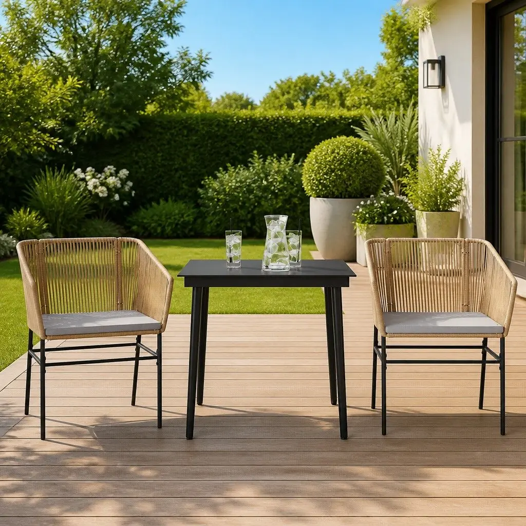 3 Piece Garden Dining Set Brown Poly Rattan Outdoor Furniture with Glass Table