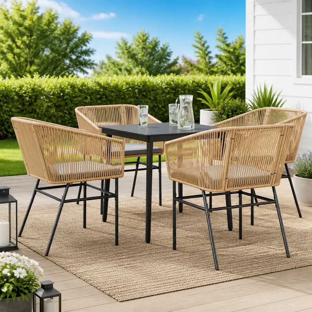 Patio Dining Set 5 Piece Brown PE Rattan with Tempered Glass Table and Cushioned Chairs for Outdoor Garden Use