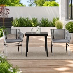 Garden Dining Set 3 Piece Outdoor Furniture Grey Poly Rattan Glass Table Chair
