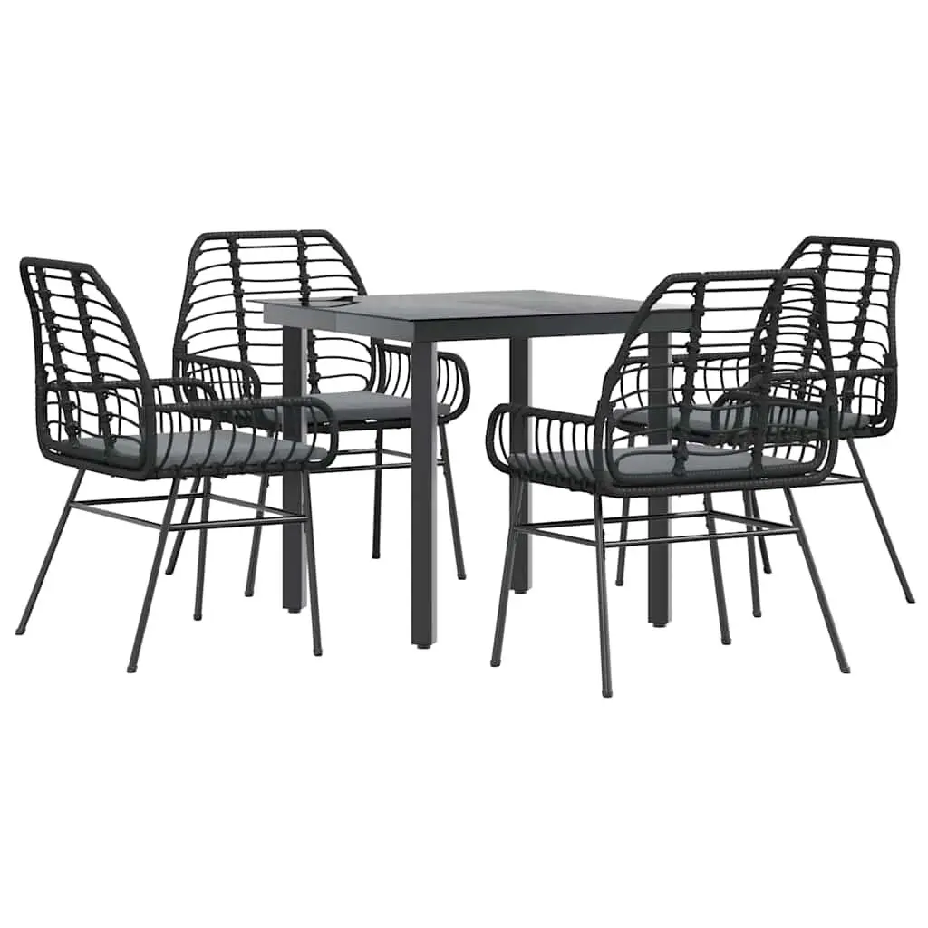 Outdoor Patio Furniture Set 5 Piece Black Poly Rattan Tempered Glass Table Garden Dining with Cushions