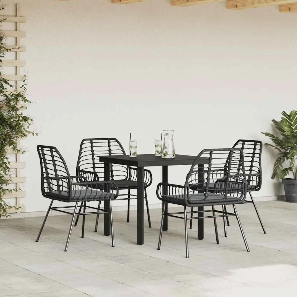 Outdoor Patio Furniture Set 5 Piece Black Poly Rattan Tempered Glass Table Garden Dining with Cushions