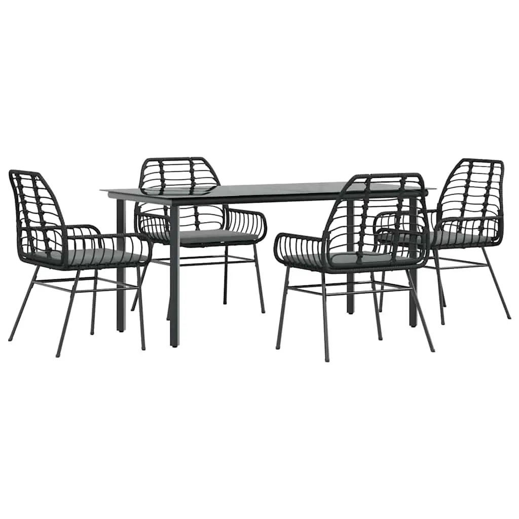 5 Piece Garden Dining Set Black Poly Rattan with Glass Top and Cushions