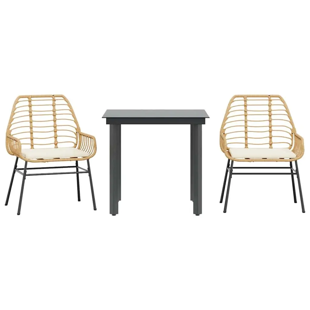 Garden Dining Set Brown Poly Rattan 3 Piece Outdoor Furniture Glass Top Table
