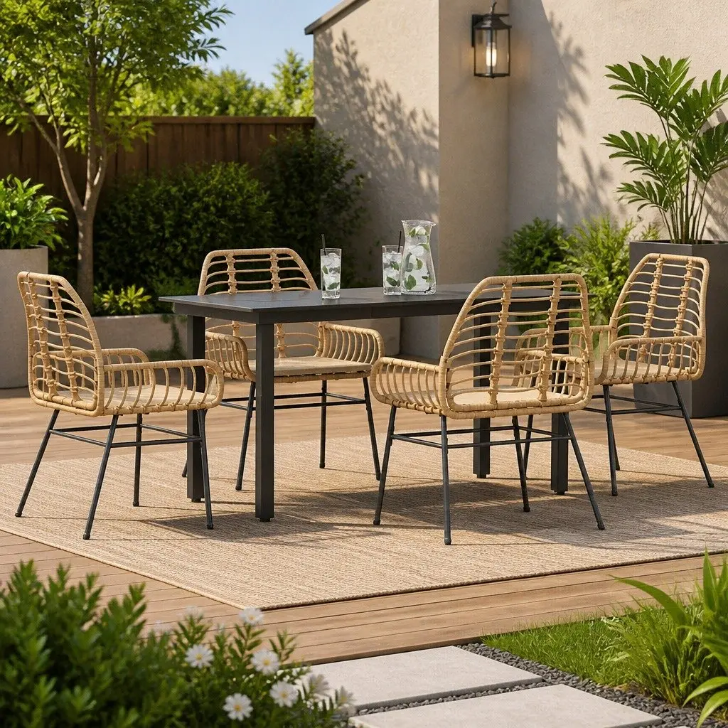 5 Piece Brown Patio Dining Set Cushioned Poly Rattan Garden Furniture