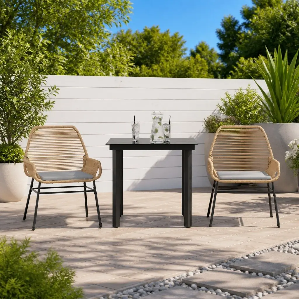 3 Piece Garden Dining Set Brown Poly Rattan Cushions Tempered Glass