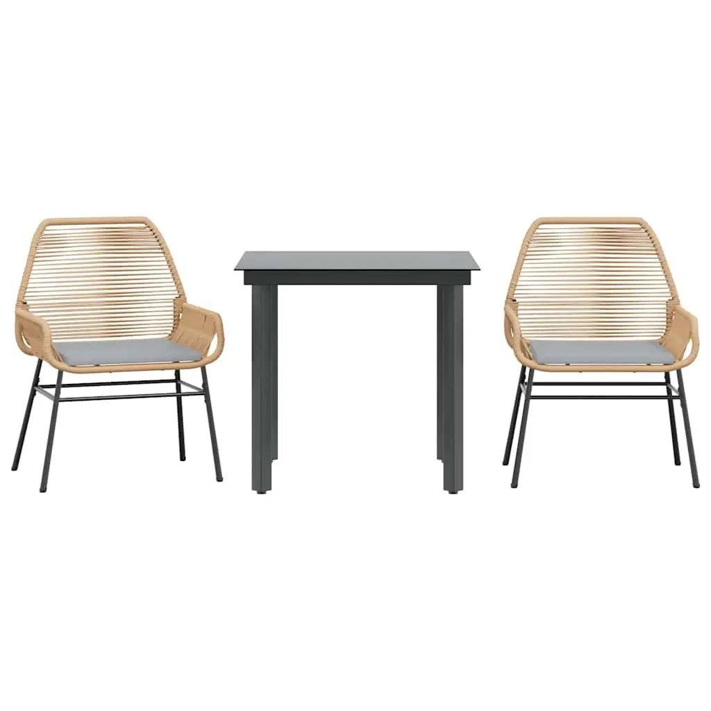 3 Piece Garden Dining Set Brown Poly Rattan Cushions Tempered Glass