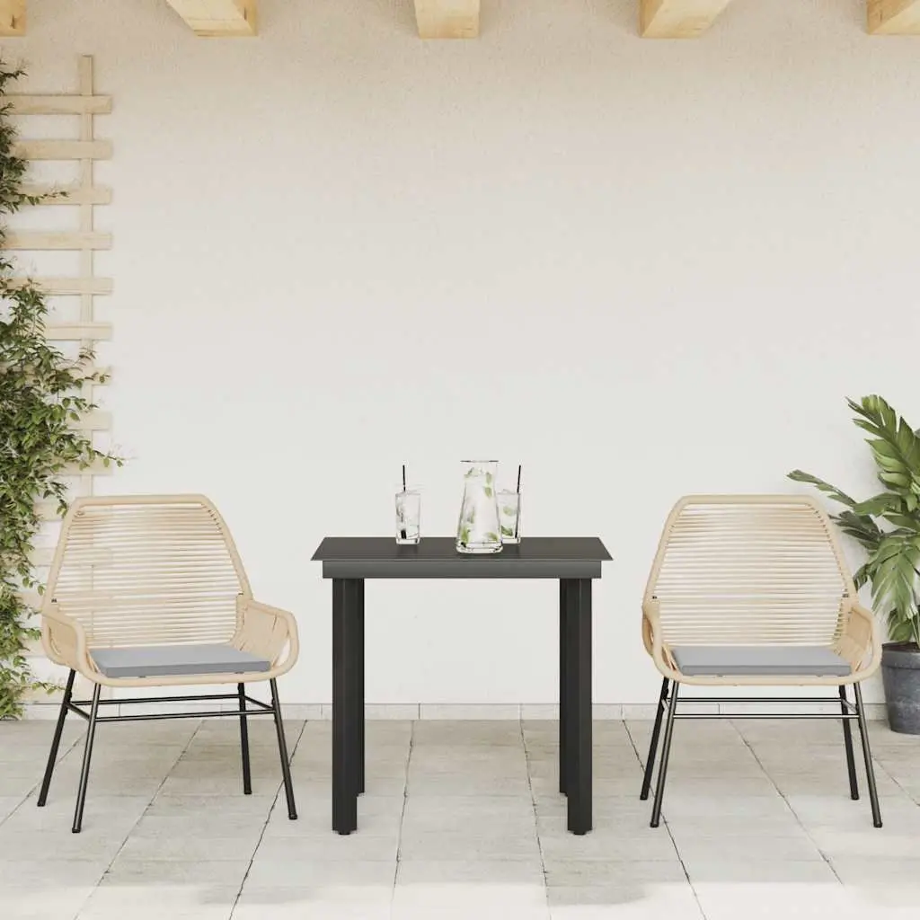 3 Piece Garden Dining Set Brown Poly Rattan Cushions Tempered Glass