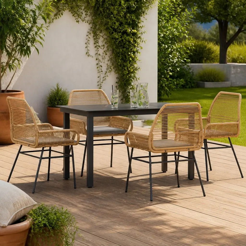 5 Piece Garden Dining Set Cushions Brown Poly Rattan Glass Outdoor Patio