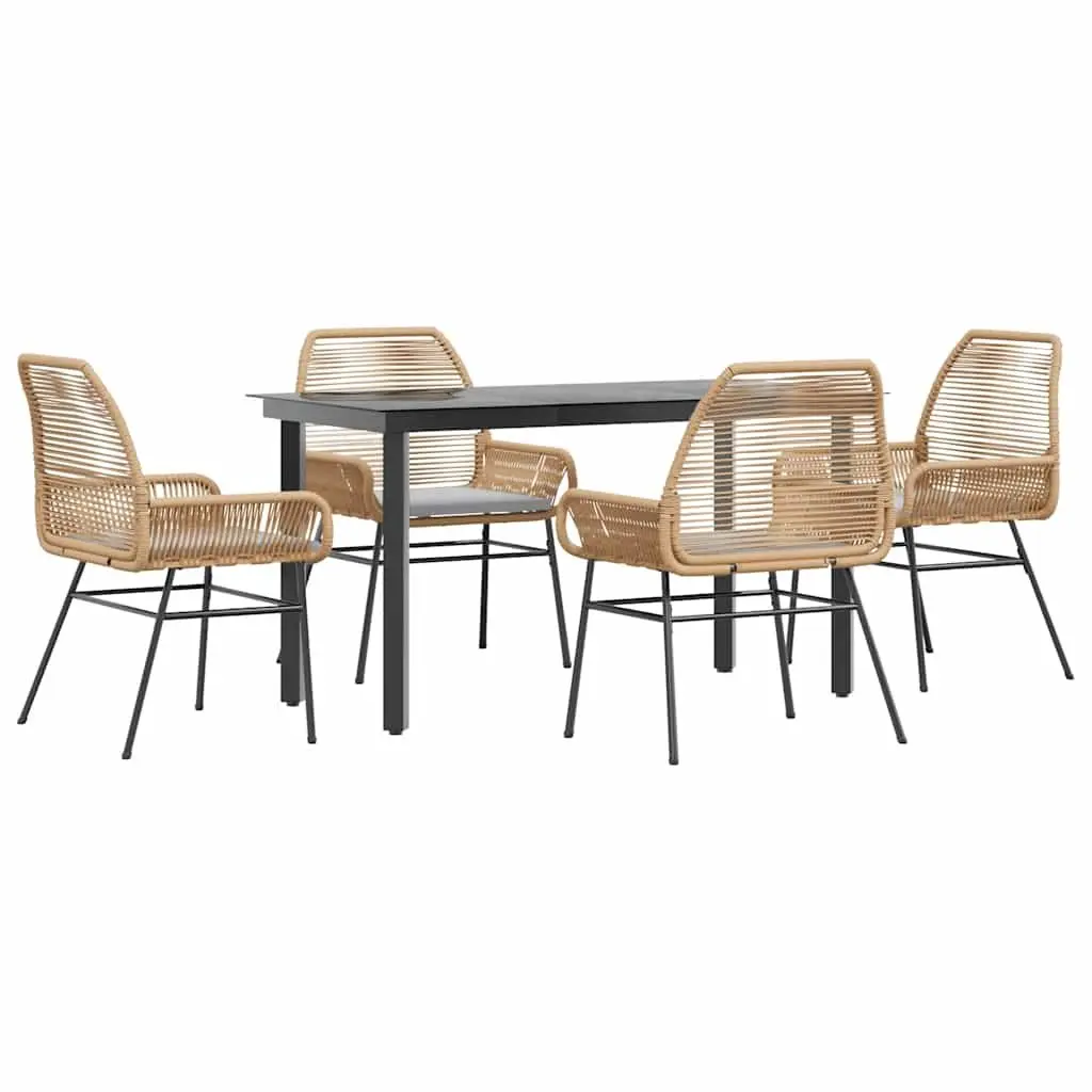 5 Piece Garden Dining Set Cushions Brown Poly Rattan Glass Outdoor Patio