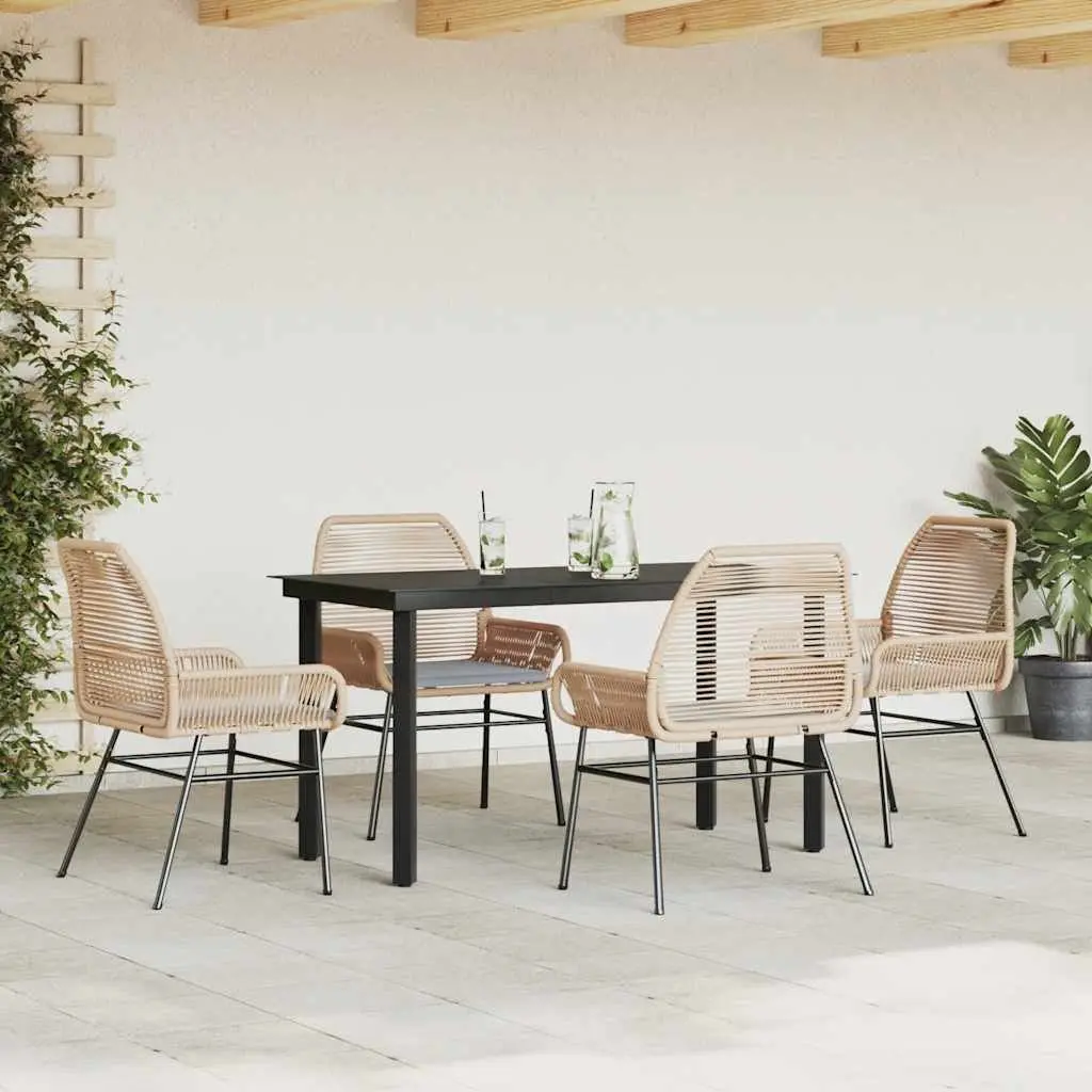 5 Piece Garden Dining Set Cushions Brown Poly Rattan Glass Outdoor Patio