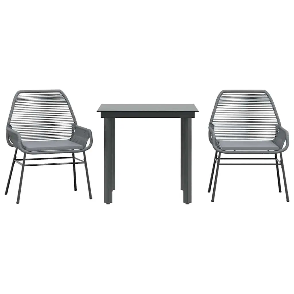Garden Dining Set Grey Poly Rattan 3 Piece Outdoor Furniture with Glass Table and Cushioned Chairs