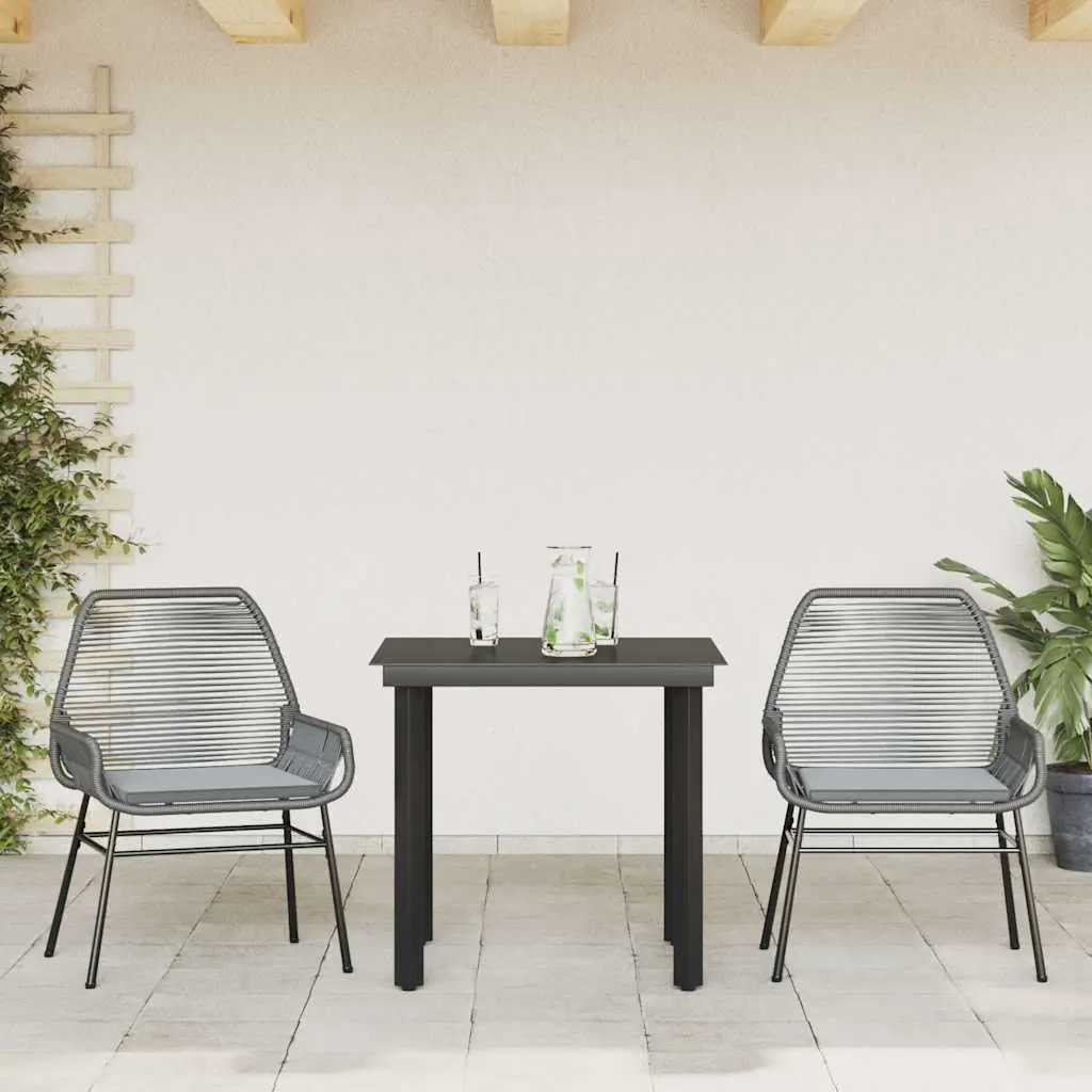 Garden Dining Set Grey Poly Rattan 3 Piece Outdoor Furniture with Glass Table and Cushioned Chairs