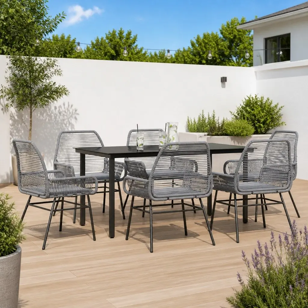 Garden Dining Set 7 Piece Outdoor Furniture PE Rattan Chair Table Patio Grey