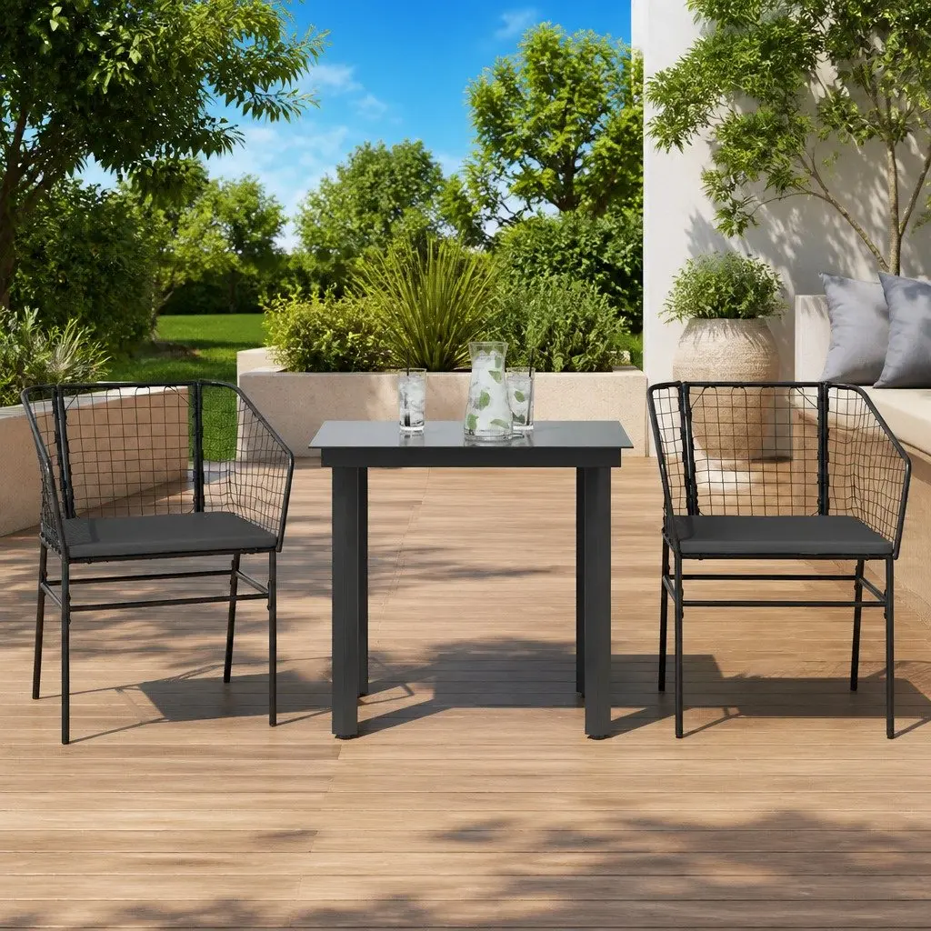Garden Dining Set 3 Piece Outdoor Furniture Black Poly Rattan Table and Chairs