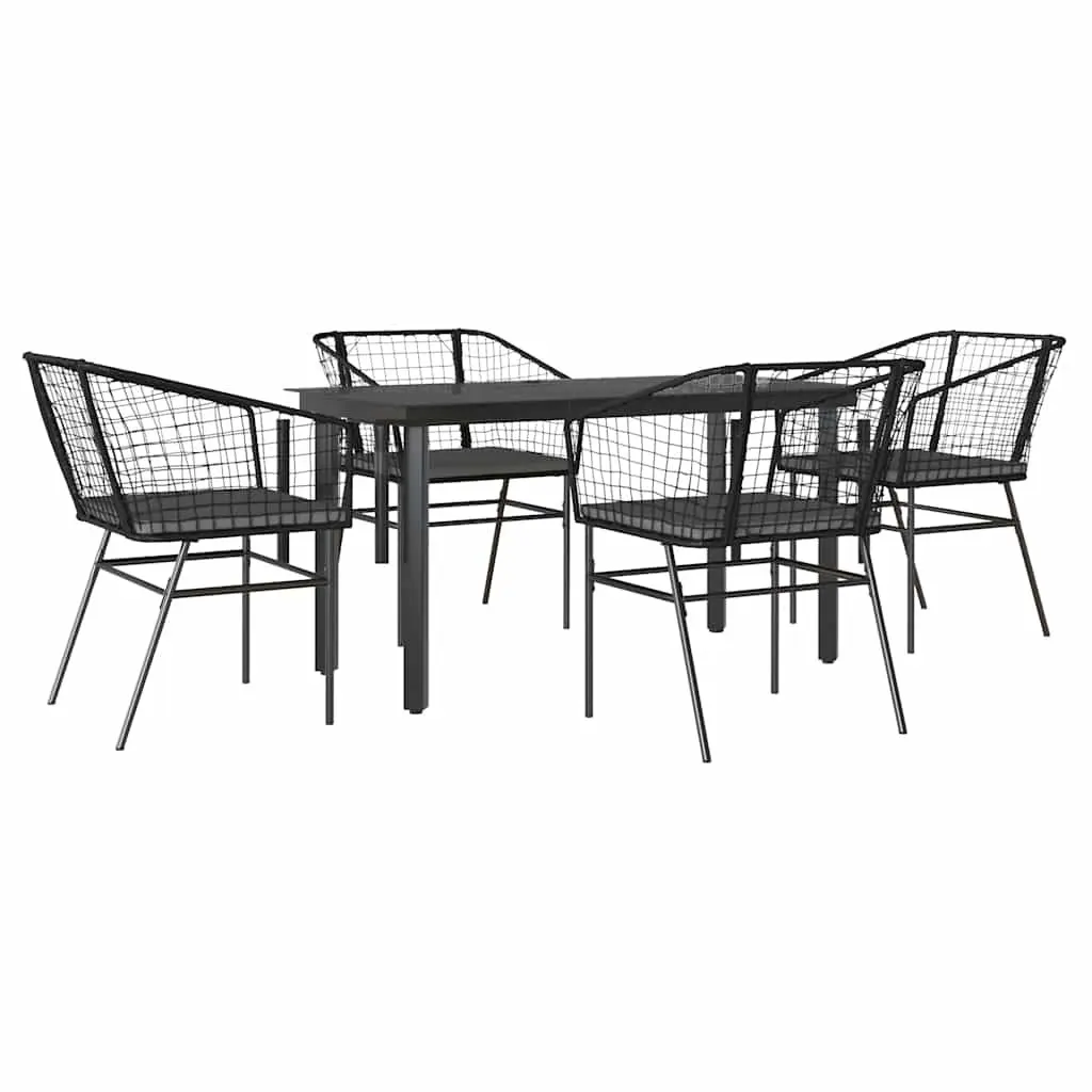 Garden Dining Set Black Poly Rattan 5 Piece Outdoor Furniture with Glass Table and Cushioned Chairs