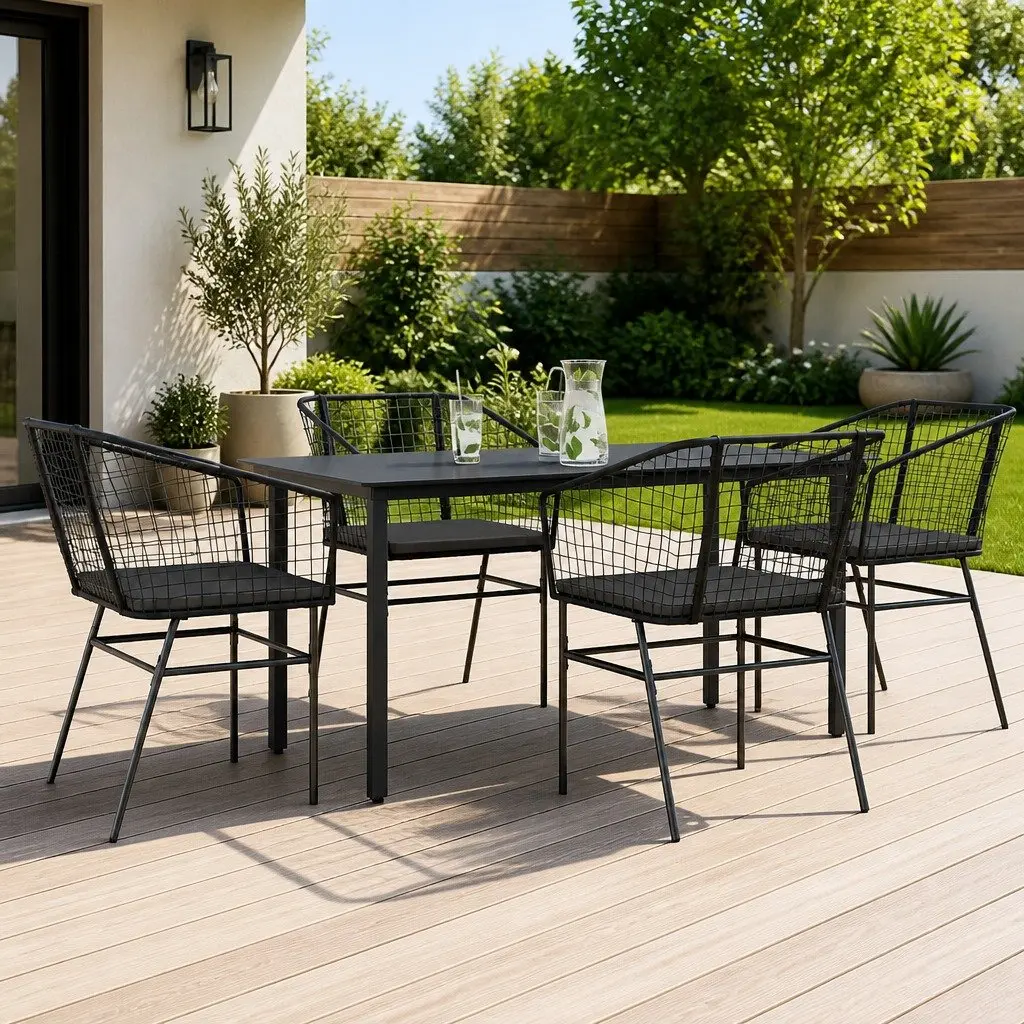 5 Piece Garden Dining Set Poly Rattan Glass Table Outdoor Patio Furniture Black