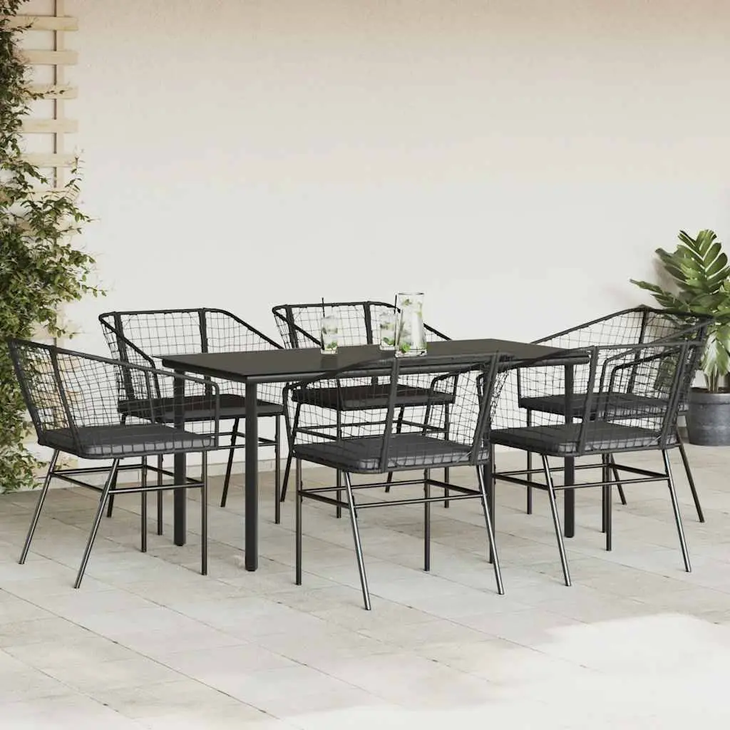 Poly Rattan Outdoor Patio Furniture Set 7 Piece Dining Set with Glass Table Black