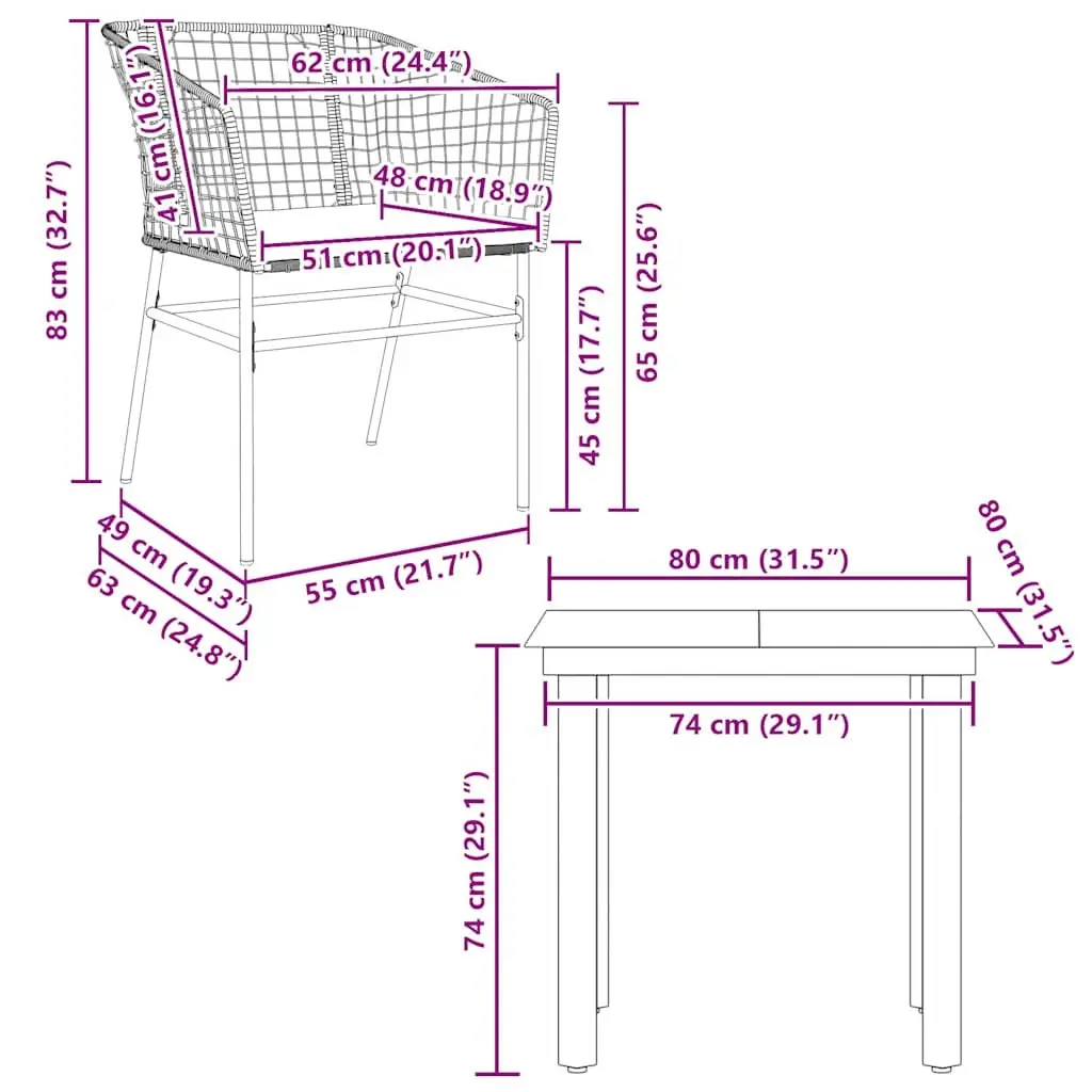Garden Dining Set Brown Poly Rattan 3 Piece Outdoor Furniture with Cushions