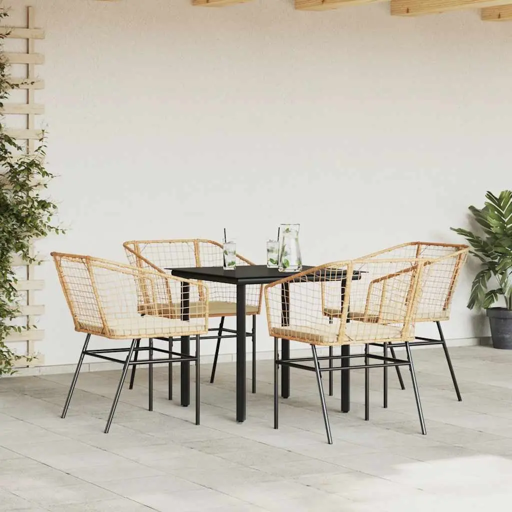 Outdoor Patio Furniture Set 5 Piece Brown Poly Rattan Cushioned Seating Glass Top