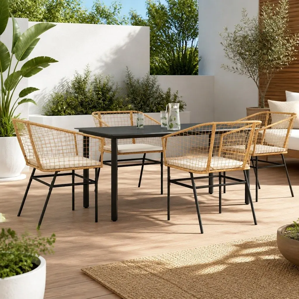 5 Piece Garden Dining Set Outdoor Furniture Brown Poly Rattan Glass Top Table