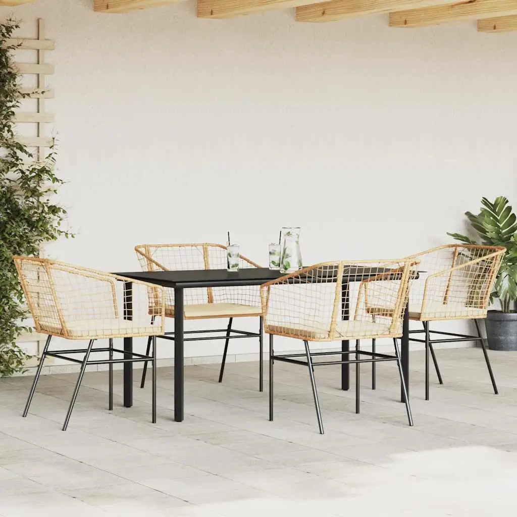 5 Piece Garden Dining Set Outdoor Furniture Brown Poly Rattan Glass Top Table