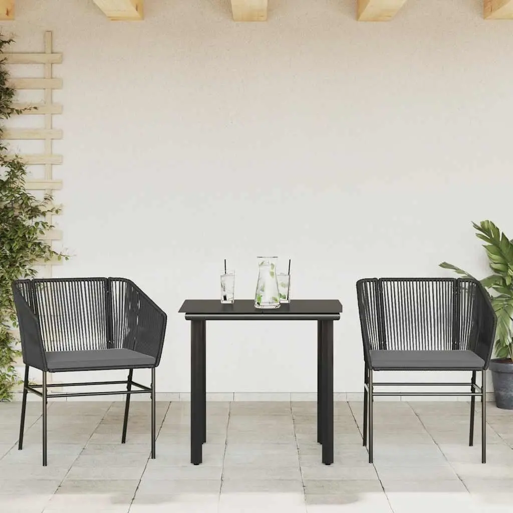 Garden Dining Set 3 Piece Black Rattan Outdoor Furniture Table Chairs with Cushions