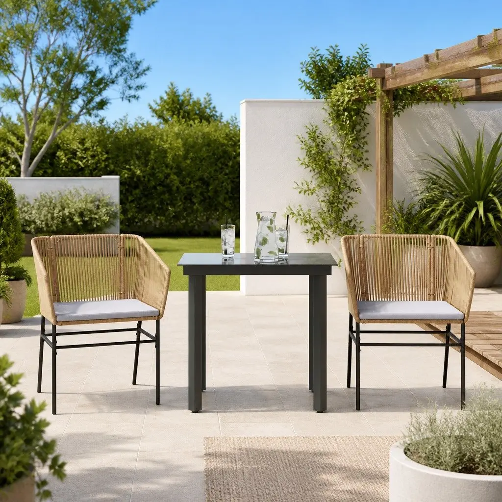 Garden Dining Set Brown Poly Rattan 3 Piece Outdoor Furniture Patio Table Chairs