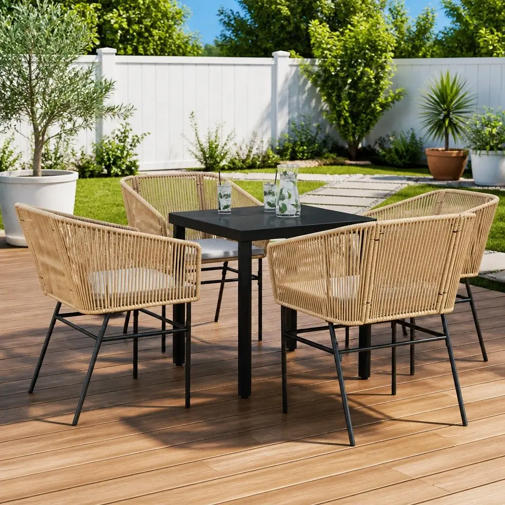 Garden Dining Set Brown Poly Rattan 5 Piece Outdoor Furniture with Glass Table