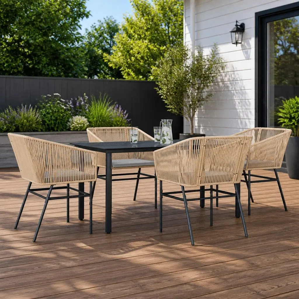 Brown Poly Rattan Outdoor Dining Set 5 Piece with Cushions and Tempered Glass Table for Patio and Garden