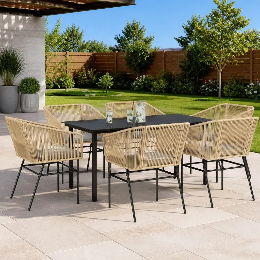 7 Piece Garden Dining Set Brown Poly Rattan Glass Table