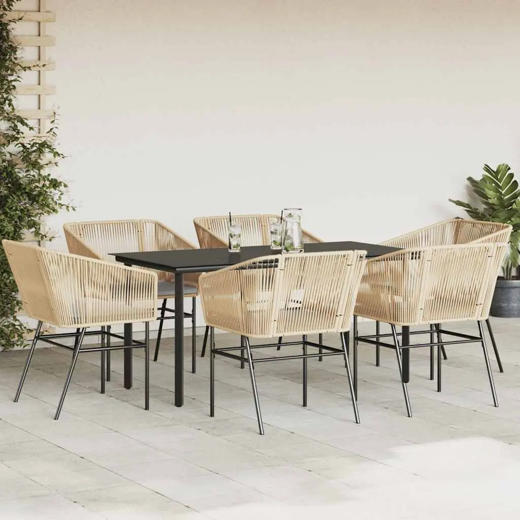 7 Piece Garden Dining Set Brown Poly Rattan Glass Table