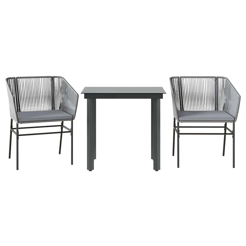Garden Dining Set Grey Poly Rattan 3 Piece Outdoor Furniture with Glass Table and Cushioned Chairs