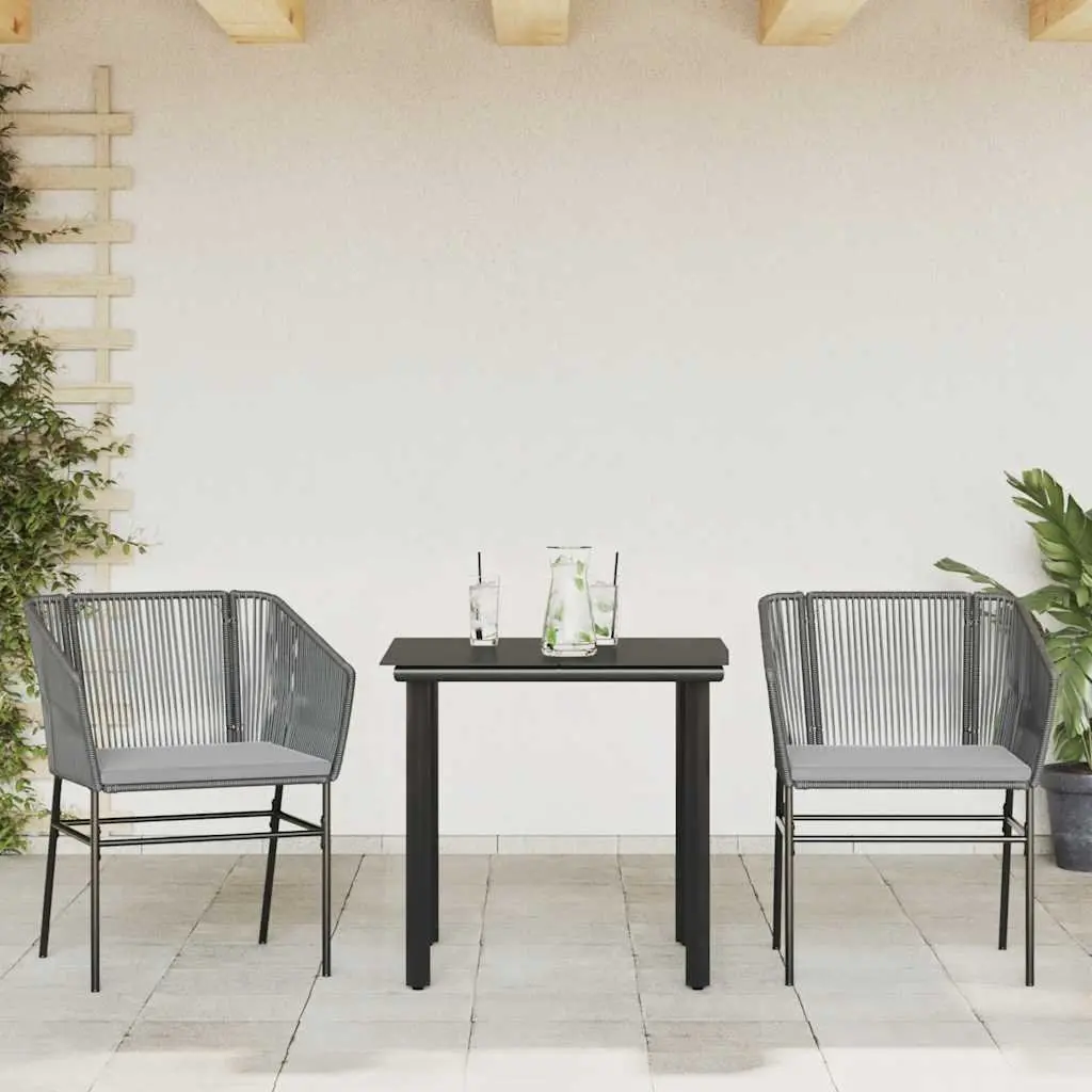 Garden Dining Set Grey Poly Rattan 3 Piece Outdoor Furniture with Glass Table and Cushioned Chairs