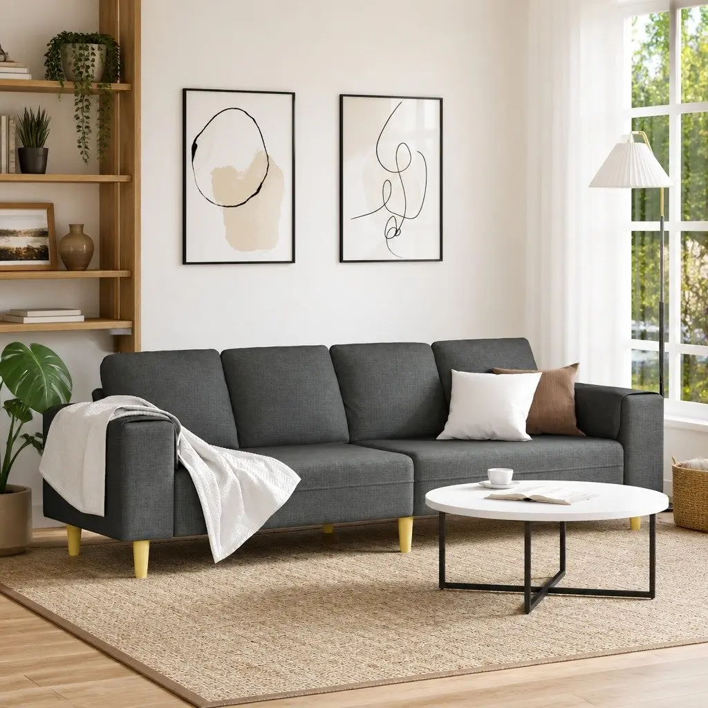 Modern Living Room Couch Dark Grey Polyester Furniture Sofa 250cm