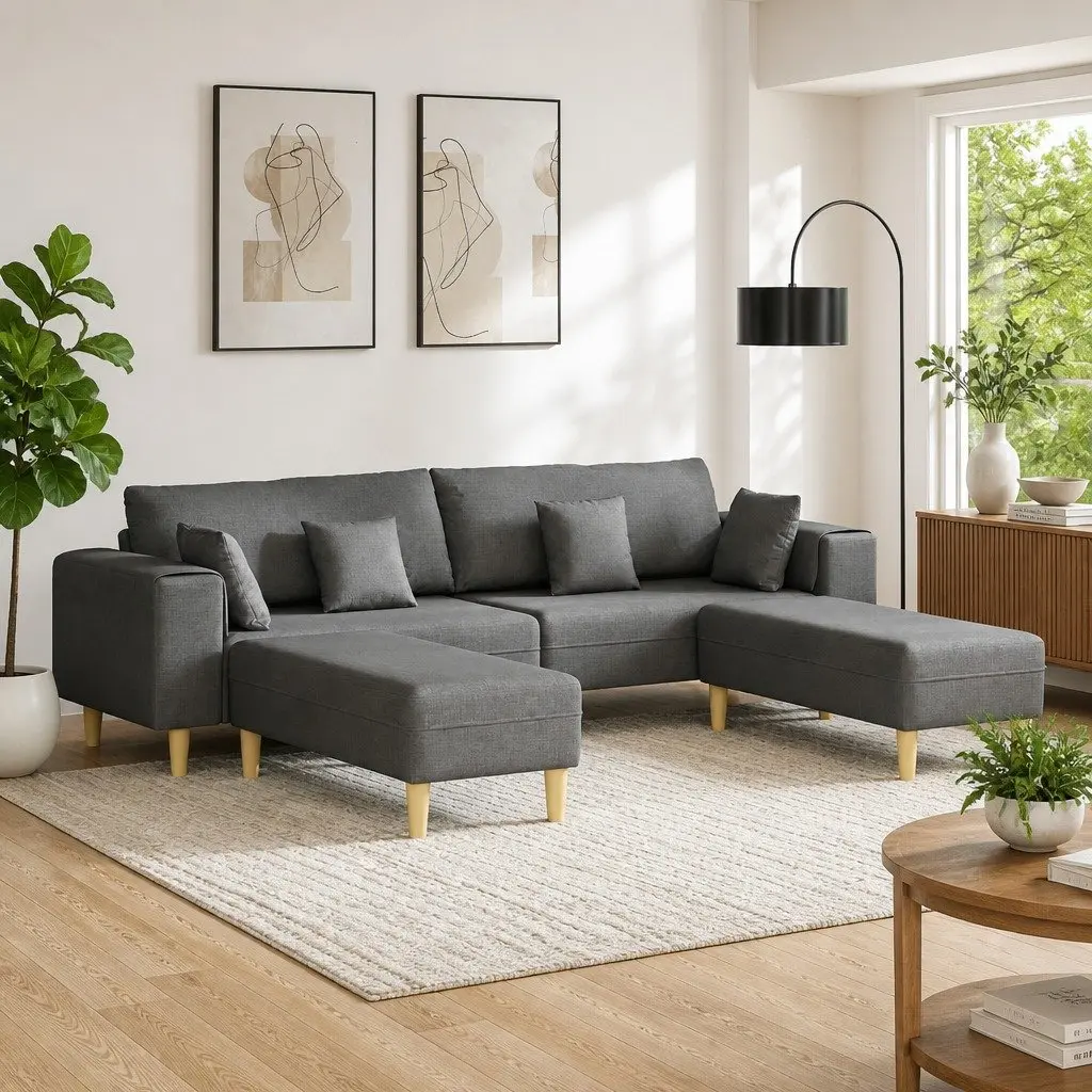 Modern Grey Fabric Sofa 3-Piece Set with Cushions Living Room Furniture